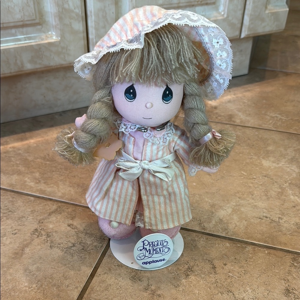 Precious Moments Pink and Cream Doll with Lace Bonnet